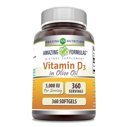 [BRSWGYIRBYIGMFDB] Amazing Formulas Vitamin D3 in Olive Oil 5000 IU Supplement | Softgels | Non-GMO | Gluten-Free | Made in USA (1 Pack | 360 Count)