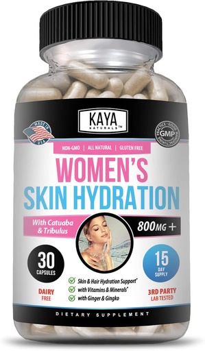 [BRSRMZI2BYDQEF35] Kaya Naturals Skin Hydration Vitamins - Female Pills - Skin Enhancer Capsules -Hydration Booster for Women - Promotes Increased Energy, Mood & Stamina - Reduction in Dryness - 30 Veggie Capsules