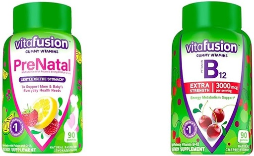 [BRSROCYKOQIQA3DX] Vitafusion PreNatal Gummy Vitaminer, Hindbær Lemonade Afmærket, Graviditet Vitaminer til kvinder & Ekstra Styrke Vitamin B12 Gummy Vitaminer til energi Metabolisme Support