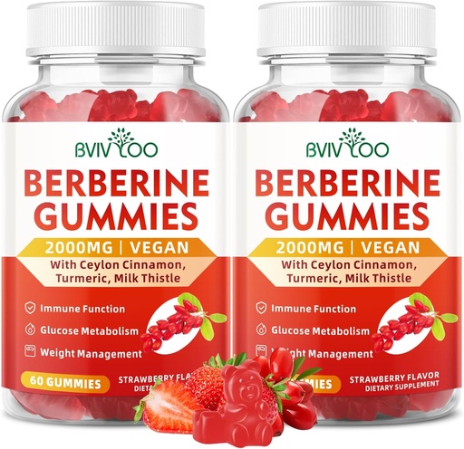 [BRSRAGQ3BYOWOFDO] 2 Gói Berberine Gummies, Sugar Free 2000mg High Potency Berberine HCI, Cộng với Tài trợ Ceylon Cinmon, Hộp sữa cho phụ nữ & Đàn ông, hệ thống Imune & Metabolism