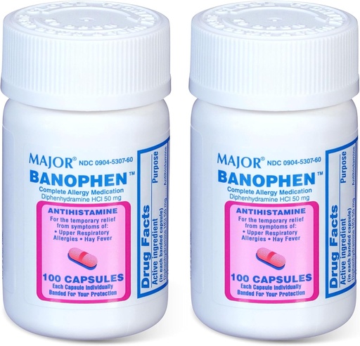 [BRSWKFAMBECROH3E] MAJOR Banohpen - Medicamentos de Alergia Completa - Difenidramina HCI 50 mg - Anti-histamínico - 100 Cápsulas (2 Embalagem)