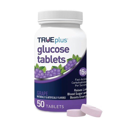 [BRSWYYYYCUJRU3TO] TRUEplus Glucose Tablets, Chewable, Grape Flavor, 15g Fast-Acting Carbohydrates, Fat Free, Gluten Free, Boost Energy, 50 Count