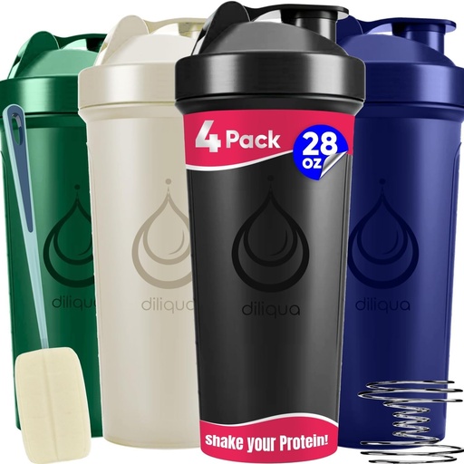 [BRSRMGQNAQGRUFDA] 4 PACK, 28 oz Shaker Bottles with Powerful Wire Whisks for Protein Mixes | Leakproof Blender Shaker Bottle Pack with cleaning sponge | BPA-Free & Dishwasher Safe | Protein shaker bottle