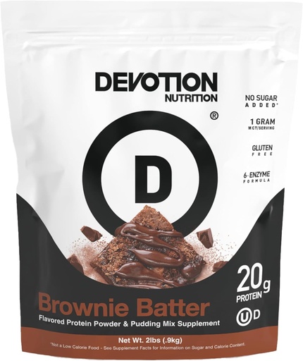 [BRSWGEL4O4JRMCL2] Dévotion Nutrition poudre de protéines Brownie Batter – 20g Whey Isolate & Casein Protein Blend – Pas d'ajout de sucre, faible teneur en glucides, sans gluten, céto-friendly, 1g MCT, casher – 2lb Pouch