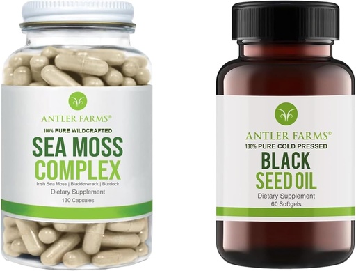 [BRSROAQEORYWGDLX] Antler Farm - 100% tiszta tengeri moha komplexum és fekete magolaj bundle, vadipari ír tengeri moha és török fekete kömény Nigella Sativa mag olaj