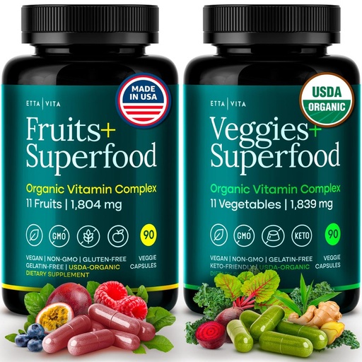 [BRSROZ35OQFAMEL3] 100% Organic Fruits and Veggies Supplement (USDA Organic - Made in USA) 180 Potent Fruits and Vegetable Capsules for Energy Boost & Daily Fruit and Vegetable Vitamins - Vegan, Non-GMO, Gluten-Free