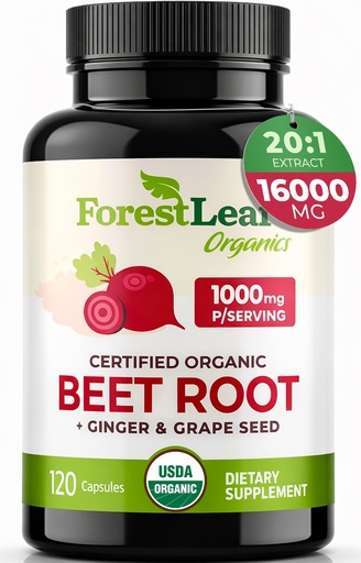 [BRSROCDQCBYG2DLP] ForestLeaf USDA Organic Beet Root Capsules - Beetroot Supplement 1000mg 20:1 Extract w/Ginger Grape Seed - Support Blood Pressure, Nitric Oxide, Flow, Circulation - Made in USA - 120 Caps