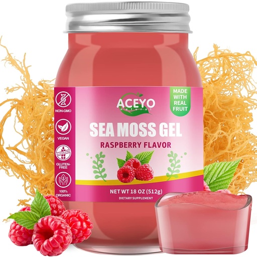 [BRSRMAALOUHWOYLL] ACEYO (18 OZ) Irish Sea Moss Gel Organic Raw Vegan Raspberry Flavor 102 Vitamins and Minerals Wild Harvested Non-GMO Immune Defense Booster Thyroid Digestive Support