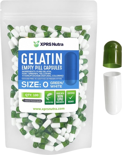 [BRSWYYYTBMFG22T3] XPRS Nutra Size 0 Empty Capsules - 100 Count Empty Gelatin Capsules - Pills DIY Capsule Filling - Pure Bovine Pill Gel Caps for Do-It-Yourself Supplements (Green/White)
