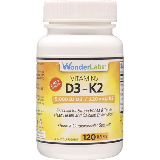 [BRSWYZYFCEMBQET5] Wonder Laboratories Vitamin D 5,000 IU, Vitamin D3 + K2 Support a Healthy Immune System, Essential for Strong Bones, Heart Health, and Calcium Distribution, 120 Tablets