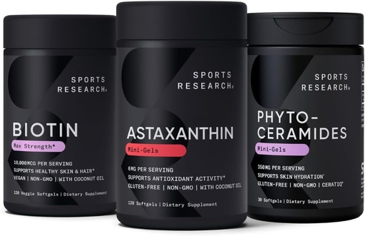 [BRSRAHQYAUGQK2TB] Sportonderzoek Vegan Biotin 10.000mcg met kokosolie, Triple Strength Astaxanthine 12mg met biologische kokosolie & Phytoceramides 350mg per Softgel