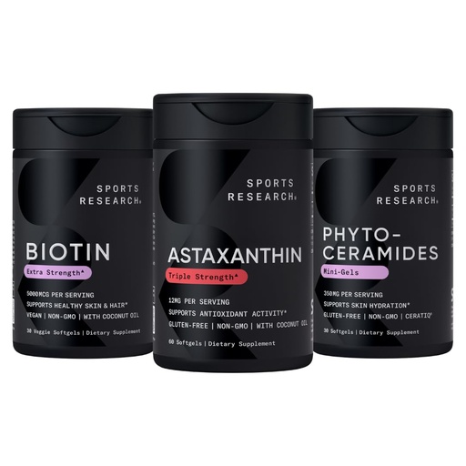 [BRSRAHQYAUGQK2TB] Sports Research® Healthy Skin and Hair Support - Vegan Biotin 10,000mcg with Coconut Oil, Triple Strength Astaxanthin 12mg, and Phytoceramides 350mg per Softgel · Non-GMO · Vegan · Gluten-Free