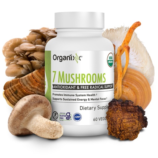 [BRSWG2QBBABRY33P] Organixx USDA Organic Mushroom Supplement, 7 Fermented Mushrooms – Lions Mane, Shiitake, Cordyceps, Turkey Tail, Reishi – for Immune & Digestion Support, 60 Vegetarian Capsules