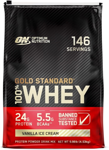[BRSWIYQOBIMAA2TE] Optimum Nutrition Gold Standard 100% Whey Protein Powder, Vanilla Ice Cream, 10 Pound (Packaging May Vary)