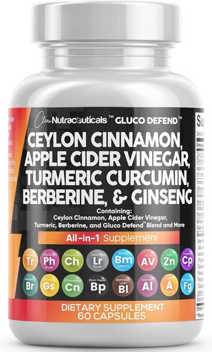 [BRSRMGQPAAPGAGQY] Clean Nutraceuticals Ceylon Cinnamon Capsules + Berberine Turmeric Apple Cider Vinegar Ginseng Bitter Melon Gymnema Milk Thistle Fenugreek Supplement Pills Powder for Men & Women