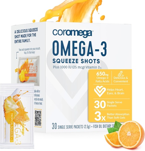 [BRSWIYILBJ5R6ELU] Coromega Omega 3 Fish Oil Supplement with Additional Vitamin D3, 650mg of Omega-3s with 3X Better Absorption Than Softgels, Tropical Orange Flavor, 30 Single Serve Squeeze Packets
