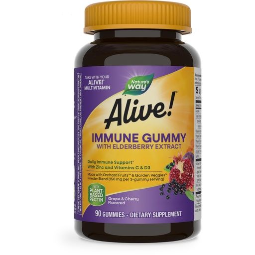 [BRSWIHYDOQMBKETK] Nature's Way Alive! Immune Support* Gummies with Elderberry Extract, Vitamins C & D3, Zinc, No Gluten, Grape & Cherry Flavored, 90 Vegetarian Gummies (Packaging May Vary)