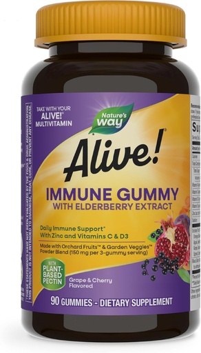 [BRSWIHYDOQMBKETK] Nature's Way Alive! Immune Support* Gummies with Elderberry Extract, Vitamins C & D3, Zinc, No Gluten, Grape & Cherry Flavored, 90 Vegetarian Gummies (Packaging May Vary)