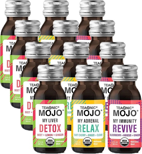 [BRSWGAINPIORYFAU] TEAONIC Wellness Shots - Variety Pack:رتاح, Revive, Detox Shots, USDA-Certified Organic Wellness Shots, 12 Pack, 2 Fl. Oz each