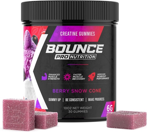 [BRSRAGL7PINQIH3O] Bounce Pro Creatine Monohydrate Gummies для чоловіків і жінок, Low Calorie, 6G креатин на сервірування, Vegan, Anti-Melting, Gluten-Free, Non-GMO, 2g креатин на гмію (30ct, Berry Snow Cone)