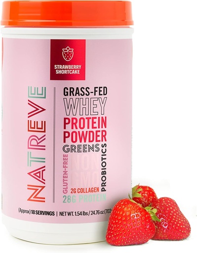 [BRSWYEI5O4JWK2Y4] Natreve Whey Protein Powder - 28g Grass-Fed Whey Protein with Amino Acids, Probiotics & Collagen - Gluten Free Strawberry Shortcake, 18 Servings