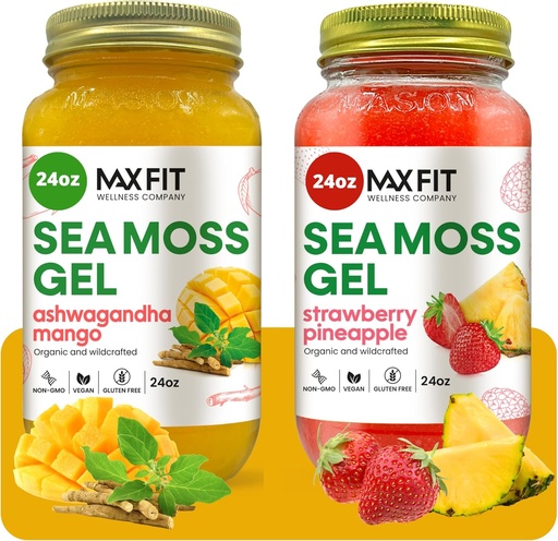 [BRSRAFQKBUARGGT5] Sea Moss Gel Organic Raw (Bundle of 2 Jars 24oz) Ashwagandha Mango und Erdbeer Ananas Wilde Ananas Gold Sea Moss Gel | 92 Vitamine und Mineralien | Pure Raw+Non-GMO | Vegan Superfood