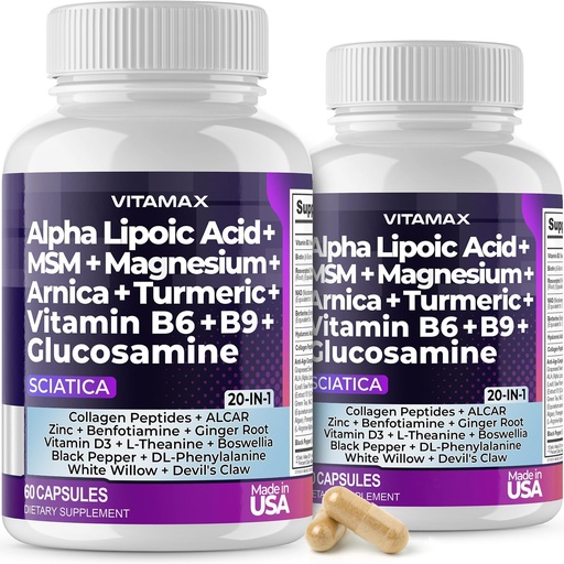 [BRSROBQ3DMDQ4D3P] Sciatica Nerve Health Support - Sciatic Nerve Supplement Capsules with Folic Acid, Pea, Glucozamine, MSM, witaminy B Complex, Alpha Lipoic Acid 300mg - Made in USA (60 Count (Pack of 2))
