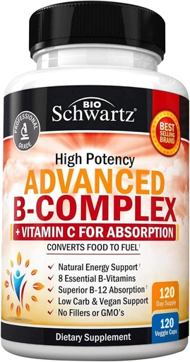 [BRSROCY7PIBRA23V] Vitamine B-complex met vitamine C voor maximale absorptie - Methylcobalamine b12- en Foliumzuursupplement - B1 B2 B3 B5 B6 B7 B9 voor ondersteuning van het immuunsysteem en het zenuwstelsel - Non-GMO, 120-telling