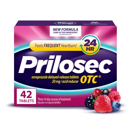 [BRSWIHYLOABRWFTA] Prilosec OTC, Omeprazole Delayed Release 20mg, Acid Reducer, Treats Frequent Heartburn for 24 Hour Relief, All Day, All Night*, Heartburn Medicine, 20mg, Wildberry Flavor, 42 Tablets