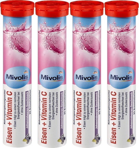 [BRSWGGIHAAHQEAI6] Mivolis Iron + Vitamin C effervescent Tablets - Dietary Supplements 4 Packs x 20 pcs | Germany