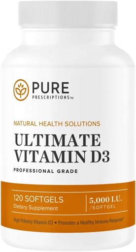 [BRSWIEALDIBRO2DA] Pure Receptes Ultimate D3-5 000 SV vitamīns - Augsta Absorbcija D vitamīna papildinājums veselīgu kaulu veicināšanai ar imūno sistēmu un sirds un asinsvadu Support - 120 Softgels - USA Made
