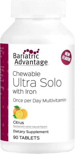 [BRSW2BQYORYGOE35] Bariatric Advantage Chewable Ultra Solo z żelazem - Once- Per- Day Daily Multivitamin - dla pacjentów - z tiaminą, Witaminą A & More - Gluten Free - Citrus - 90 Tablets
