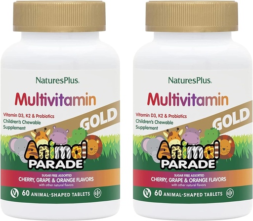 [BRSROFIKOF5QO335] NaturesPlus Animal Parade Gold Children's Multivitamin - Assorted Cherry, Orange & Grape Flavors - 60 Chewable Tablets, Pack of 2 - Vegetarian, Gluten Free - 60 Total Servings