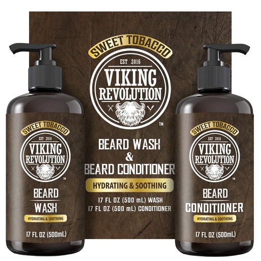 [BRSROZAPBMBGYFDO] Viking Revolution Beard Wash and Beard Conditioner for Men with Argan Oil and Jojoba Oil - Beard Softener and Strengthener Beard Care Beard Shampoo and Conditioner with Beard Oil (17oz, Sweet Tobacco)