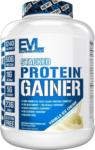 [BRSWYYIYO4IR6EY6] Evlution Nutrition Stacked Protein Gainer, 50 Grams Whey Protein Powder Complex, 251 Grams Carbohydrates, Build Muscle, Recovery, Post Workout, Gluten-Free (Vanilla Ice Cream, 6 LB)