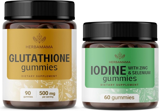[BRSRAGAEA4BBSHY6] HERBAMAMA Glutathion and Jod Kit - Bundle of 500 mg Reduceret L- glutathion & Kalium Jod Gummies - Vegan, Non- GMO, Gelatin- Free - 2 Pack