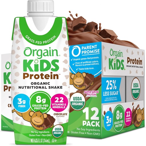 [BRSWIEACB56R6ETU] Orgain Organic Kids Protein Nutritional Shake, Chocolate - 8g of Protein, 22 Vitamins &apos; Minerals, Fruits &apos; Vegetables, Gluten Free, Soy Free, Non-GMO, 8.25 Fl Oz (Pack of 12)