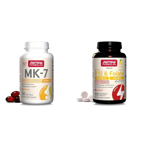 [BRSROBL3DF4AEFY4] Jarrow Formulas MK7, Promotes Bone Health, 90 mcg, 120 Softgels & Extra Strength Methyl B-12 1000 mcg & Methyl Folate 400 mcg + P-5-P, Dietary