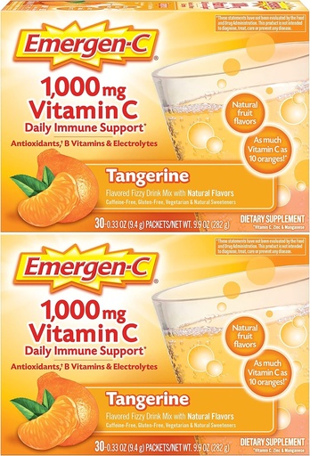[BRSWGEIHCIPWO2A2] Emergen-C 1000mg C-vitamiini pulber, antioksüdandid, B-vitamiinid ja elektrolüüdid, C-vitamiini lisandid immuunsuse toetamiseks, kofeiinivaba joogisegu, mandariini maitse - 60 Count/2 kuu pakkumine