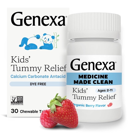 [BRSWGCQPCINBYYIY] Les enfants Genexa Clean Dye Free Tummy Relief (en anglais seulement) Heartburn, Acide Indigestion, Estomac aigre Antiacide à mâcher (en anglais seulement) 0% Additifs artificiels, Enfants, Carbonate de calcium, Fleur de baie biologique, 30ct