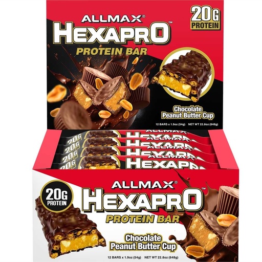 [BRSROHT6BB5AODTJ] ALLMAX HEXAPRO PROTEIN BAR, Chocolate Peanut Butter Cup - Pack of 12 - High-Protein Energy Snack - 20 g of Protein Per Bar - With Whey Protein Isolate