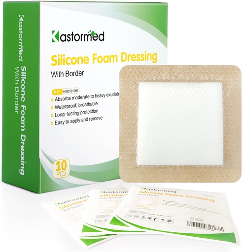 [BRSW2ZIECABRYADO] kastormed Silicone Adhesive Foam Dressing with Gentle Border 4''x4'' 10 Pack, High Absorbency Foam Wound Bandage for Bed Sore, Leg Ulcer, Diabetic Ulcer