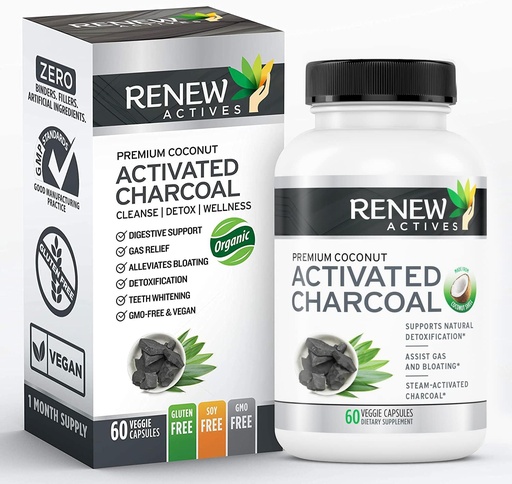 [BRSWGFTQOIFBOHTF] Renew Actives Active Charcoal Supplement 1100MG per 2 Capsules - Digestive Support " Teeth Whitening Formula, No Artificial Ingredients - Made in Canada - 60 cápsulas