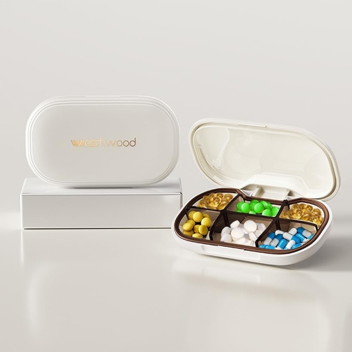 [BRSRAHY6OEBB6FLU] Small Pill case with 6 Compartments, Delicate Daily Pill Box for Purse, Pill Organizer Pill Container Pill Holder for Vitamins, Fish Oil, Supplements and Medications (White)