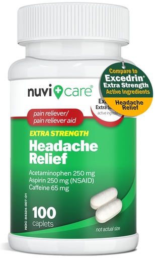[BRSRAEI6OR7QO3LP] NUVICARE Headache Relief with Acetaminophen 250 mg, Aspirin (NSAID) 250 mg, Caffeine 65 mg - Temporary Relief of Minor Aches & Pains - Compare to Excedrin Extra Strength Pain Reliever (100 Caplets)