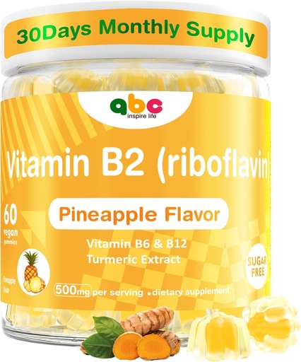 [BRSRAHQ5AEPQIA3B] Vitamin B2 Gummies Riboflavin 400mg untuk Men Chelable B2 Vitamin for Adulants with B Complex Turmeric Extract for Digetical Comfort, Nervous System Dupport, Vegan, Sugar- Free, Pineapple Flavor, 60 Count