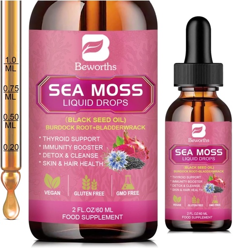 [BRSROFD4B4OQI3I7] B BEWRTHS Sea Mos Liquid drops - Black Seed Oil ' Irish Sea Mos Gel with Burdock Root Bladderwrack, Elderberry, 6X strongerer Qrganic Seamos Raw supplement for Digestive, Hair Health - Vegan, 2 Fl.oz