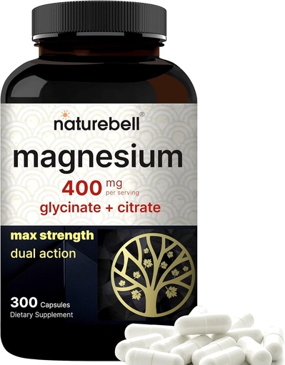 [BRSRMAIZOAFBA2TD] Magnesium Complex 400mg, 300 Kapsler Glycinat, Citrat | Chelatert og renset | Bone, hjerte og digestion støtte