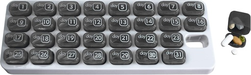 [BRSWGZD6A55RA3LJ] Monthly Med Organizer with 31 Daily Removable Pill Pods for Home, Work, Travel, Numbered Pillboxes for Supplements & Vitamins (Grey)