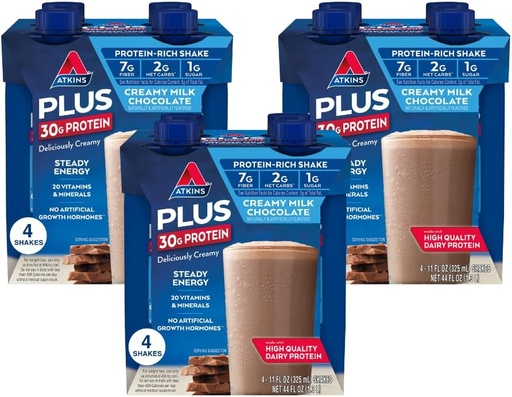 [BRSWG2Y6CBYW2333] Atkins Creamy Milk Chocolate PLUS Protein Shake, 30g Protein, 7g Fiber, 2g Net Carb, 1g Sugar, Keto Friendly, Low Carb, High Protein Drink, 12 Count
